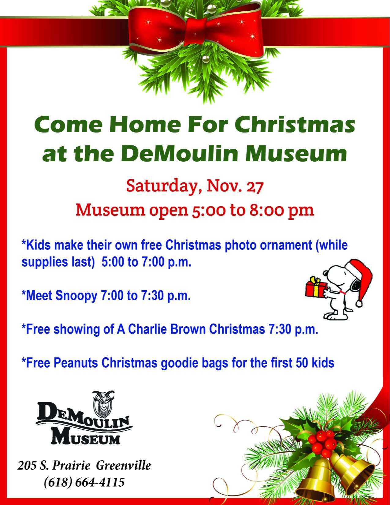 text on white poster inside red and gold border, red holiday ribbons, gold bells, green evergreen sprigs