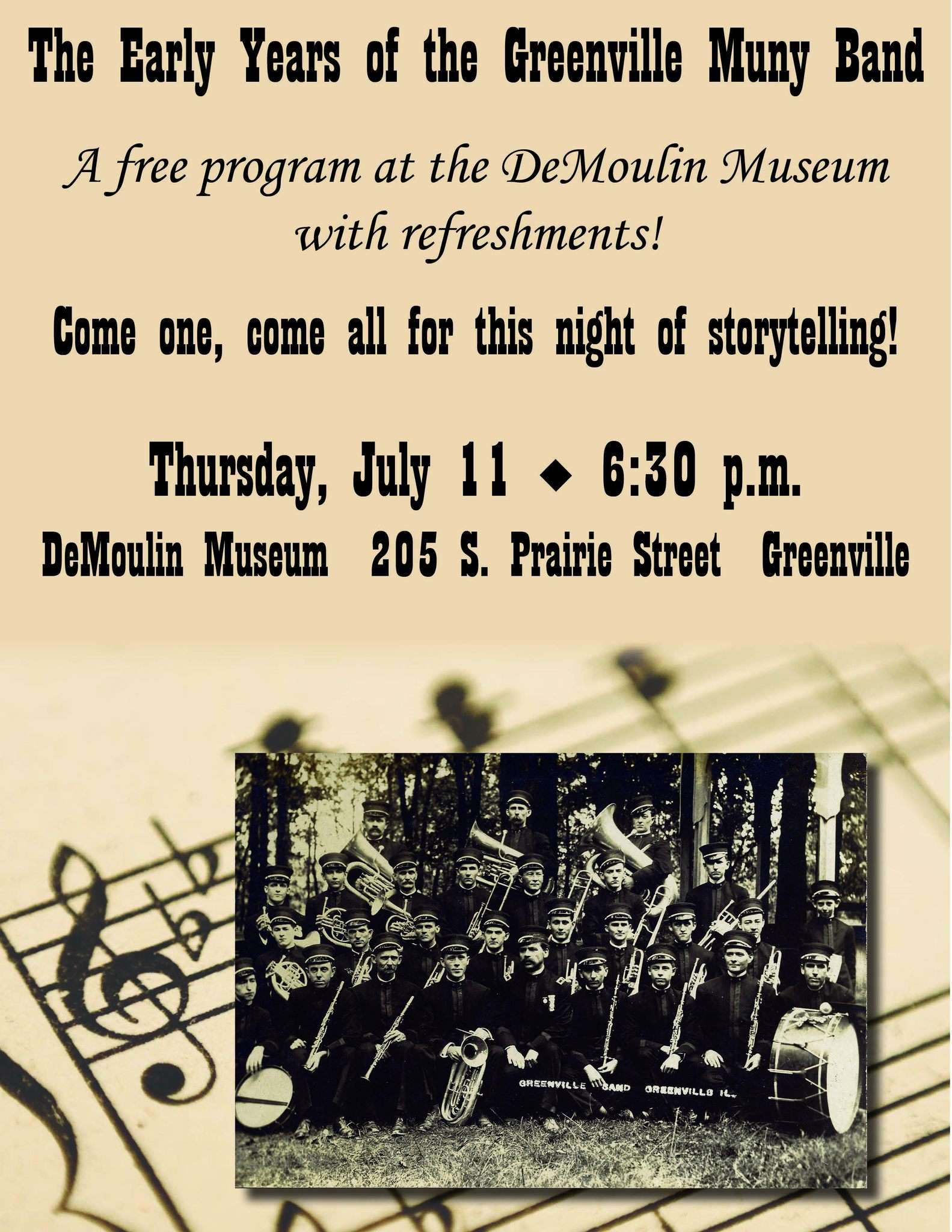 black text on sepia field, vintage photograph of three rows of uniformed men holding musical band instruments