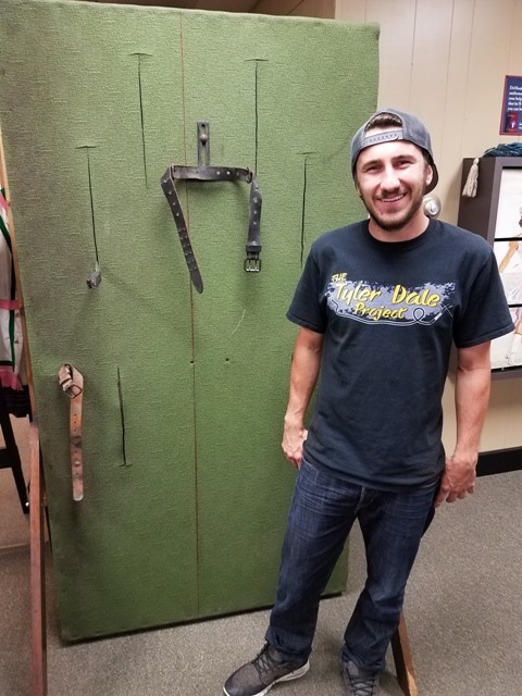 Had fun Saturday evening giving Tyler Dale of American Restoration fame a private tour of the DeMoulin Museum including our Knife Throwing Board.
