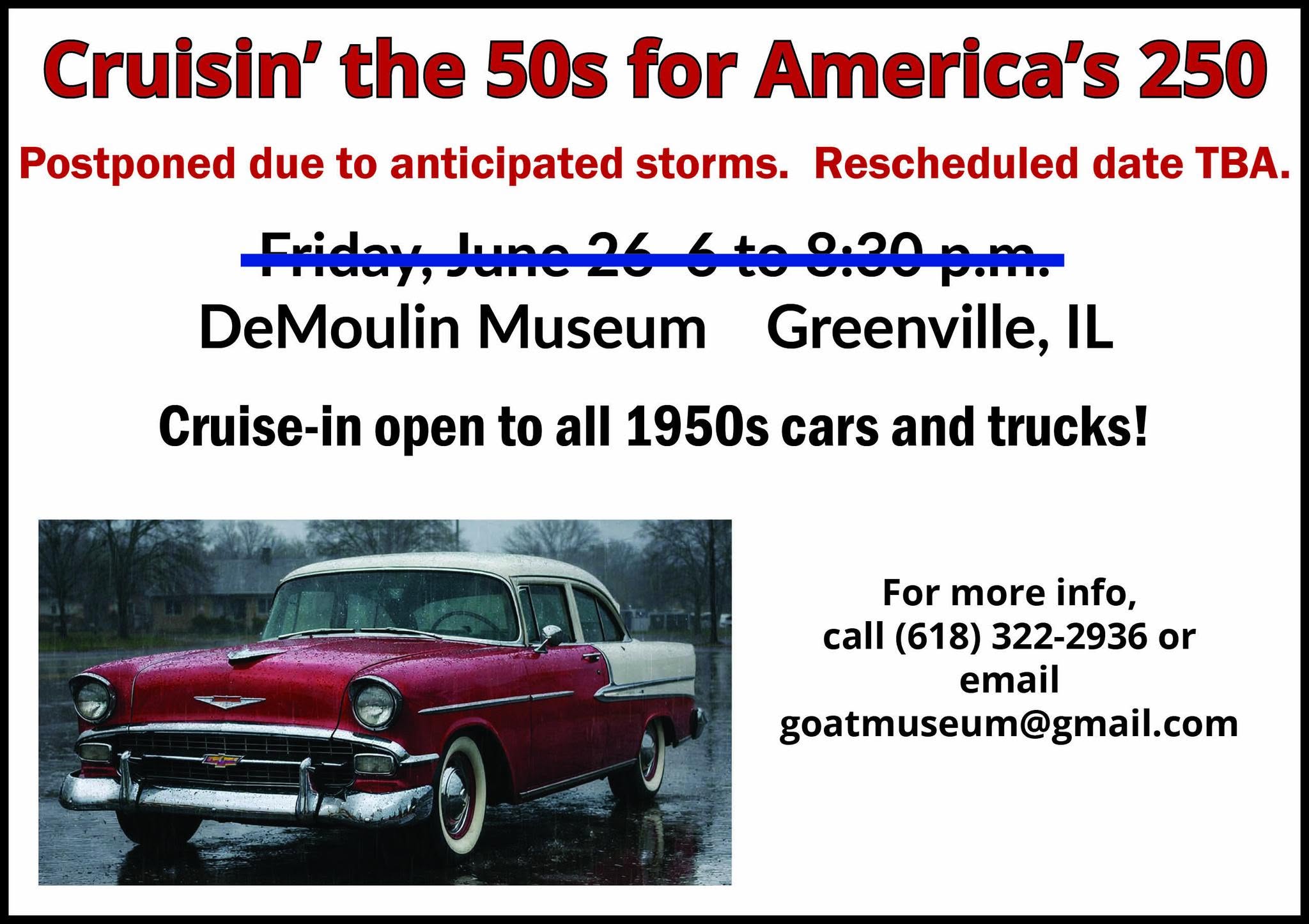 Event poster for Cruisin the 50s for Americas 250 at DeMoulin Museum, IL, on June 26. Features '50s cars, classic American food, a hula hoop contest, and live music.